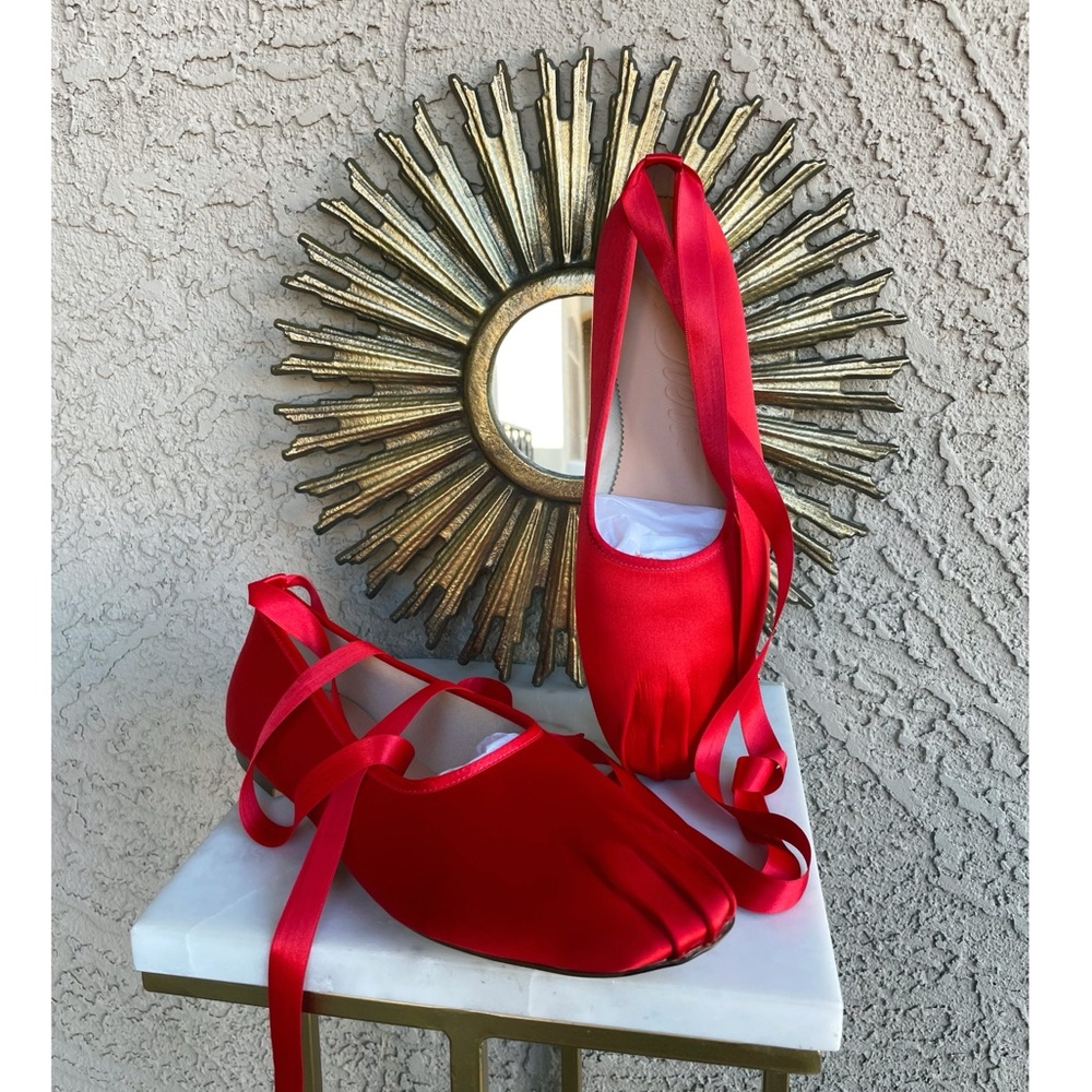 J. CREW Ruby Red Satin Lace Up Ballet Slippers Flats Pointe Shoe Style Flats - Picture 4 of 17